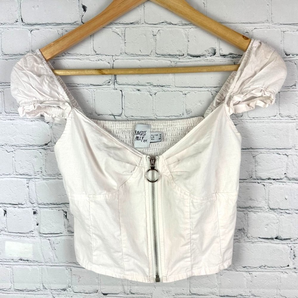 Princess Polly Cream Off-White Zip Front Crop Top